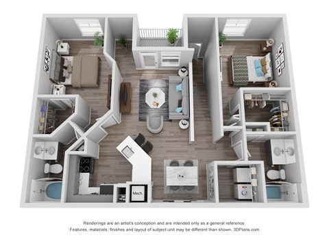 Floor plan for 2 beds, 2 baths, 1081 sqft